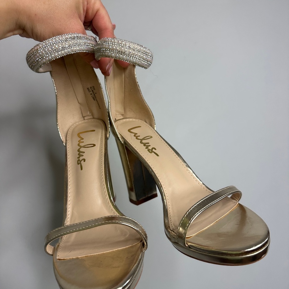 Lulus Cute Pearly Gold Metallic High Heels Block Heel - Picture 10 of 12